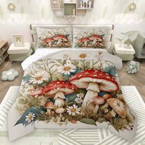 Castle Fairy Red Mushroom Boy Girl Bedding Comforter Set 2pcs,Chic Floral Daisy Twin Comforter Sets Microfiber,Botanical Plants Breathable Bedding Set,Ultra Soft Home Decor,Reversible