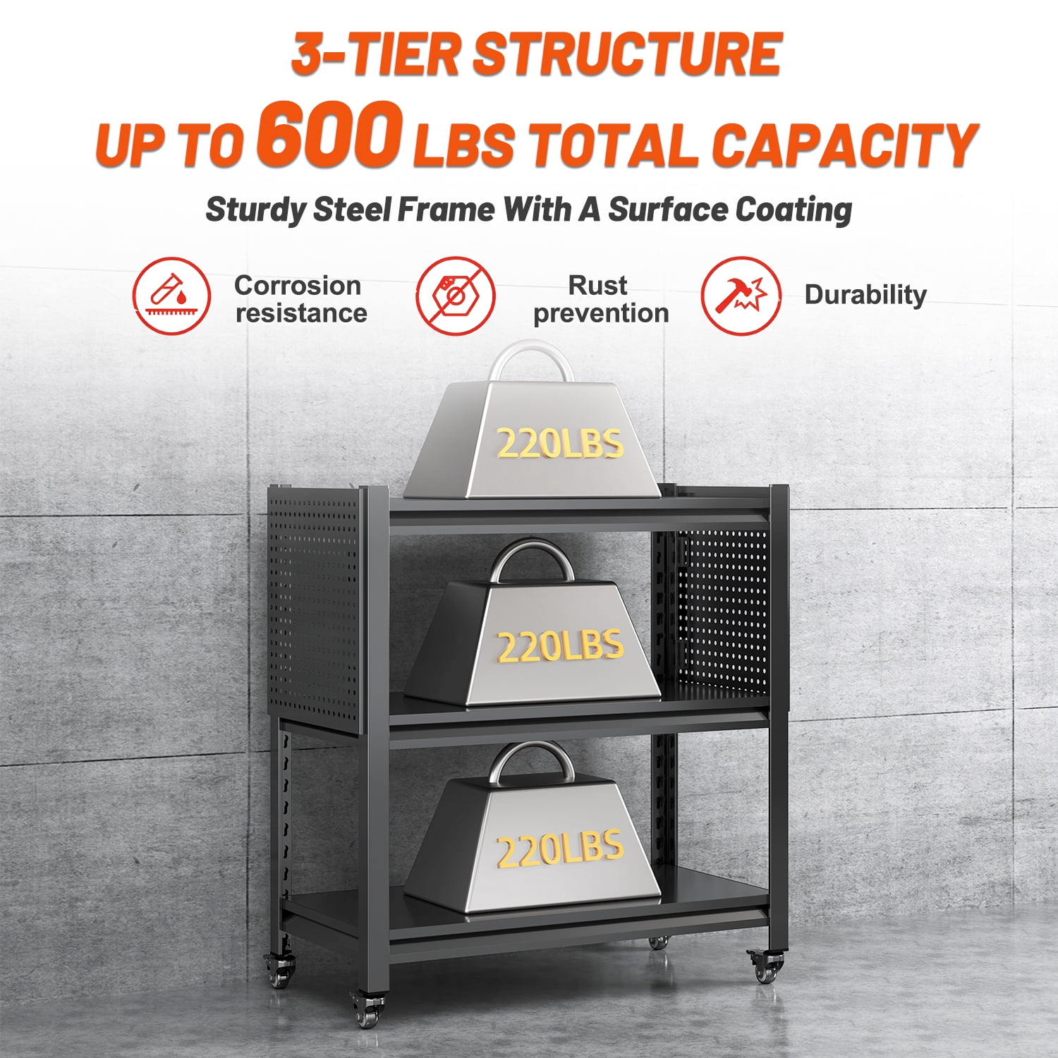 3 Tier Tool Cart on Wheels, Heavy Duty Metal Service Cart with Pegboards, 660 LBS Load Capacity Tool Utility Cart, Industrial Utility for Garage, Warehouse, Workshop