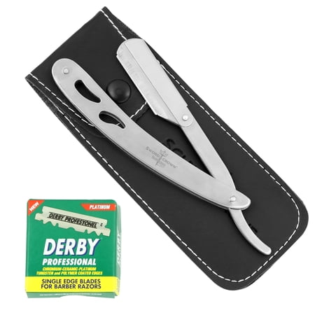 Sword & Crown Straight Razor with 100 Pieces Interchangeable Single Edge Blade Set w/ the Razor Case (Stainless Steel w/100 Derby Professional Blades)