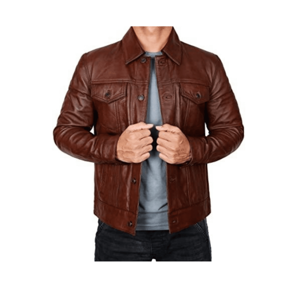 Trucker Dark Brown Leather Motorcycle Jacket With Shirt Collar Mens Trucker Jacket Brown Biker Leather Jacket Brown Motorcycle Jacket Mens size XXS