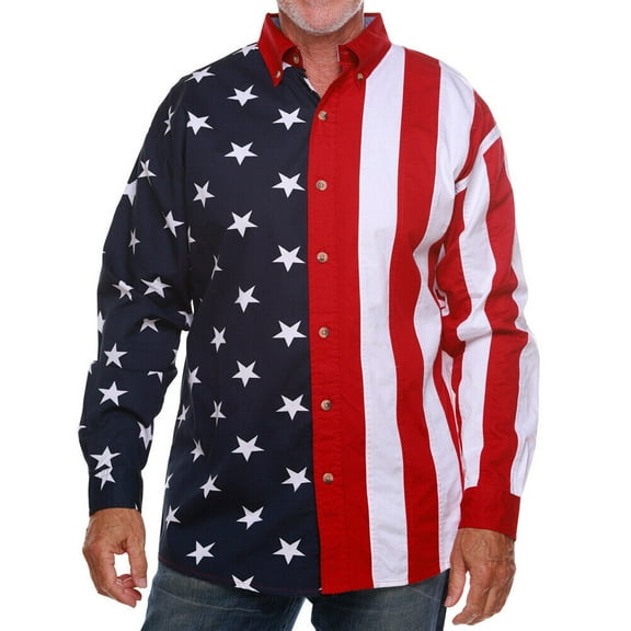 Men's Stars & Stripes American Flag 100% Cotton Long Sleeve Button-Up Shirt USA
