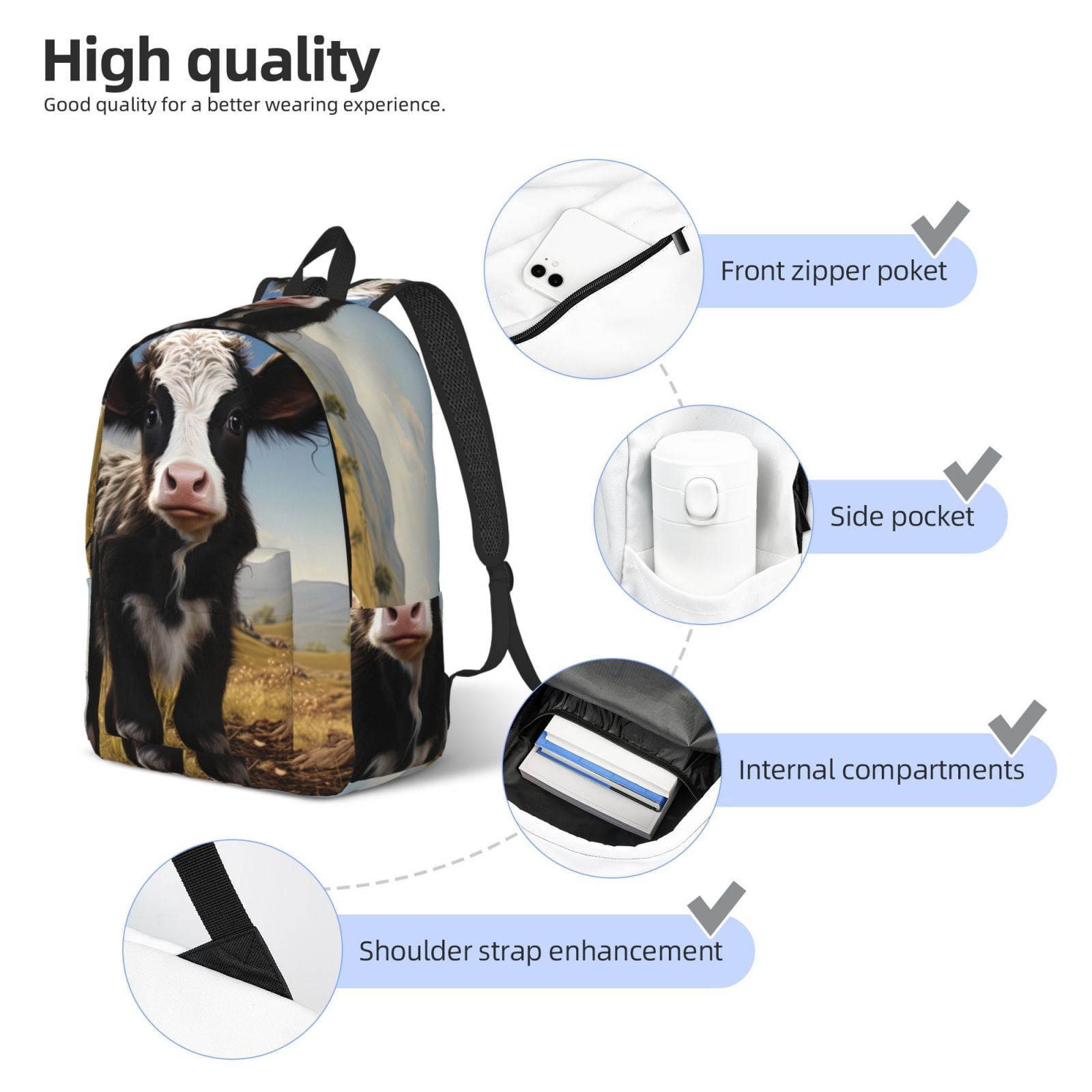 Kuqiui Cute Prairie Cow Print Canvas Travel Laptop Backpack for Men Women,Business Work Rucksack College School Computer Bag Fits 15.6 Inch Notebook
