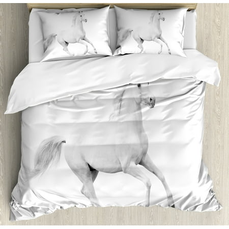 Equestrian Bedding - Black and White Decorations Queen Size Duvet Cover Set, White Stallion Running Horse Gallop Motion Speed Equestrian, Decorative 3 Piece Bedding Set with 2 Pillow Shams, White Black, by Ambesonne