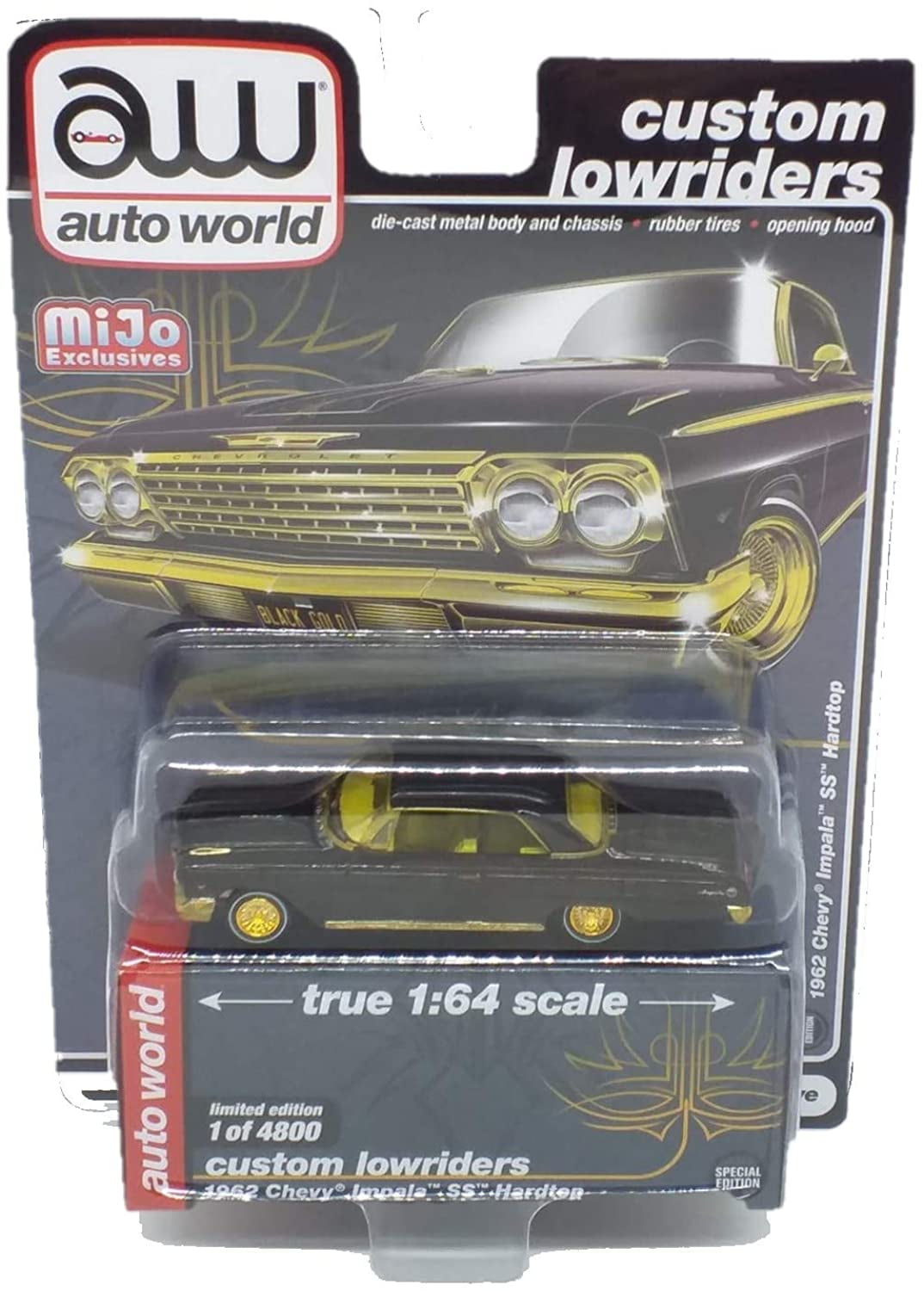 Autoworld 1/64 diecast Model of 1962 Chevy Impala SS Hardtop Black and Gold Custom Lowriders Limited Edition to 4800 Pieces Worldwide CP7656 