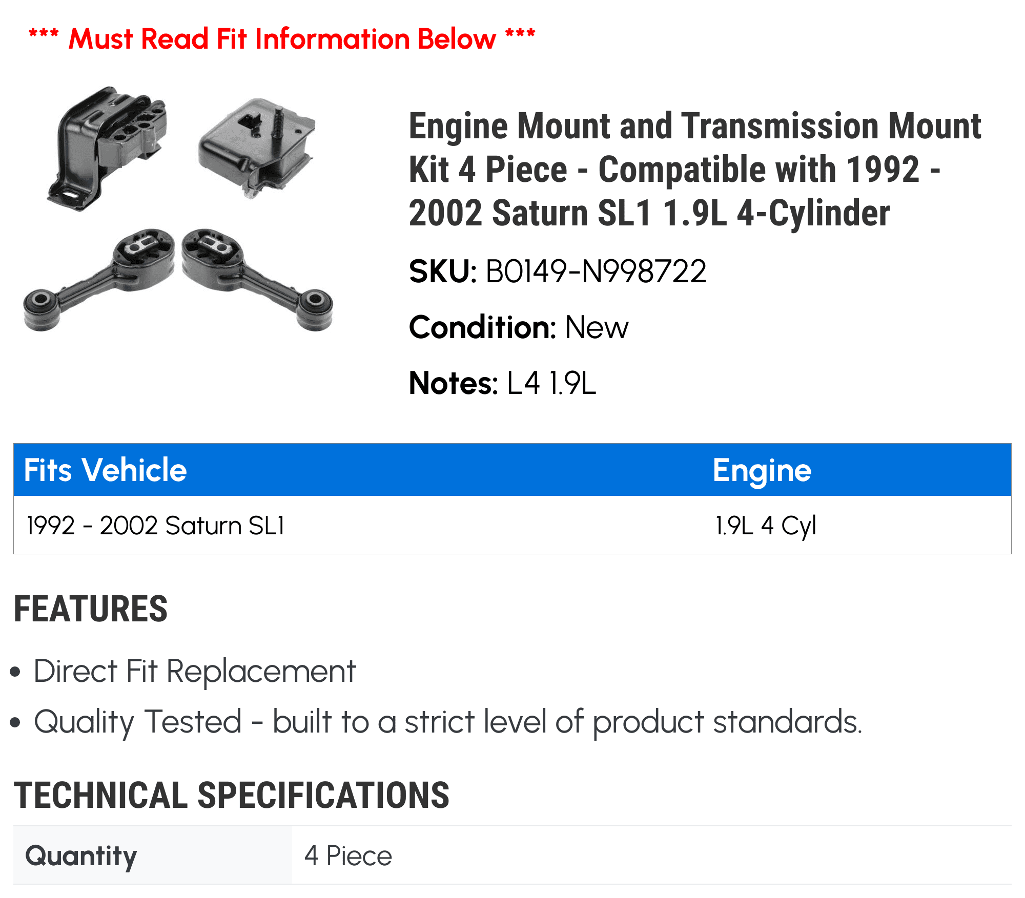 Engine Mount and Transmission Mount Kit 4 Piece - Compatible with 1992 - 2002 Saturn SL1 1.9L 4-Cylinder 1993 1994 1995 1996 1997 1998 1999 2000 2001