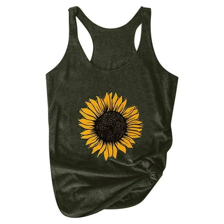 Outfmvch Womens Tops Tank Top For Women Women Plus Size Summer Sunflower Print Round Neck Sleeveless T-Shirt Top Tank Corset Tops For Women Army Green M