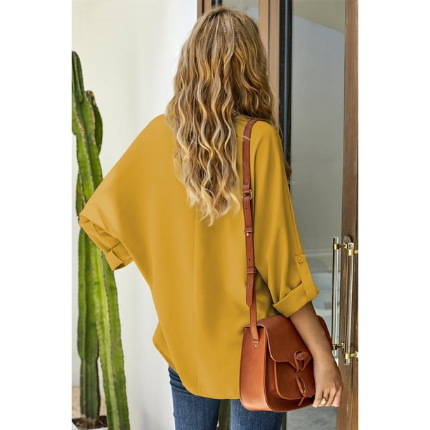 ABPHQTO Camisa amarilla con cuello en V y manga 3/4 con dobladillo alto y bajo para mujer