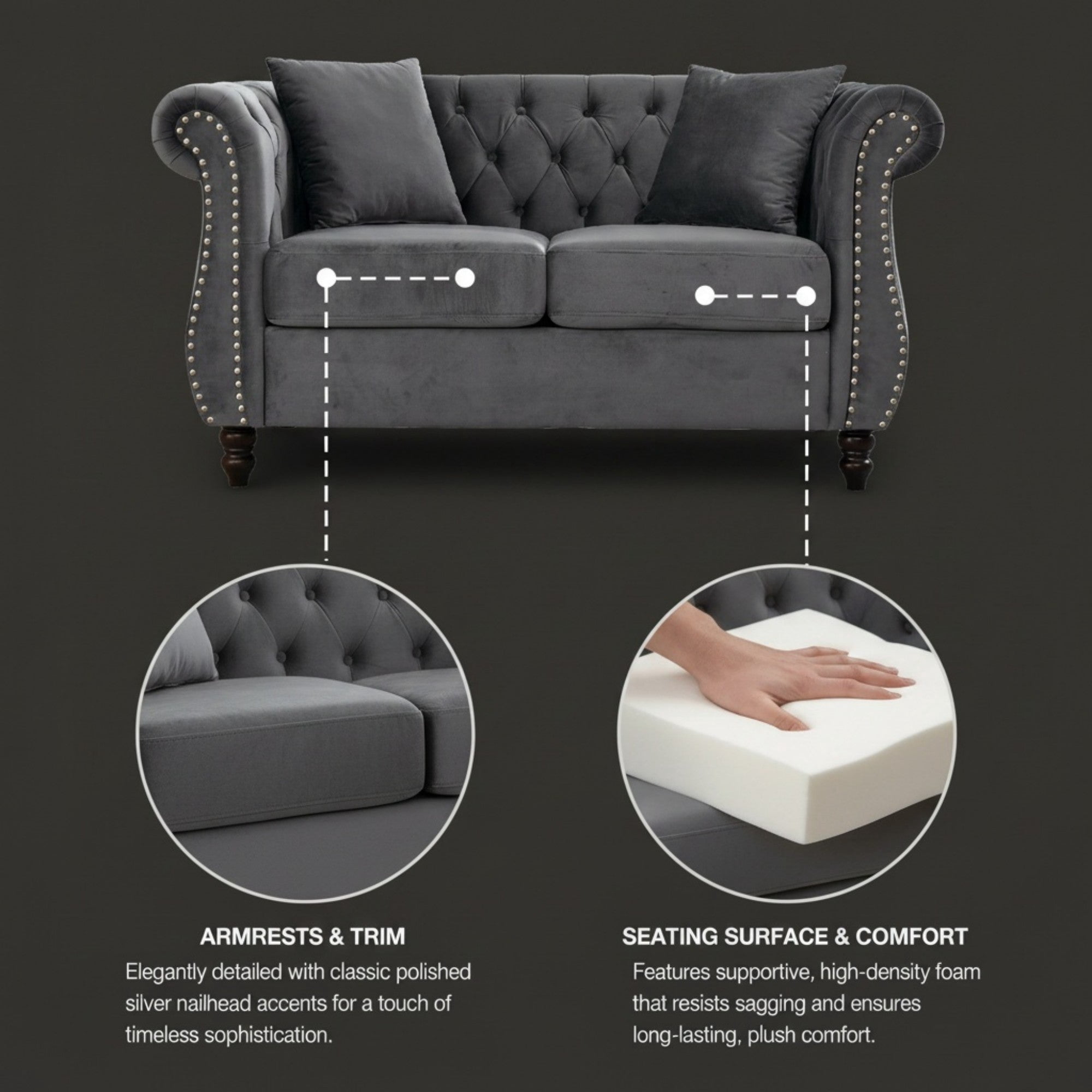 Sailvan 58.8" Velvet Chesterfield Sofa, 2 Seater Tufted Loveseat with Rolled Arms & Nailhead Trim, Grey Couch for Living Room & Office Grey