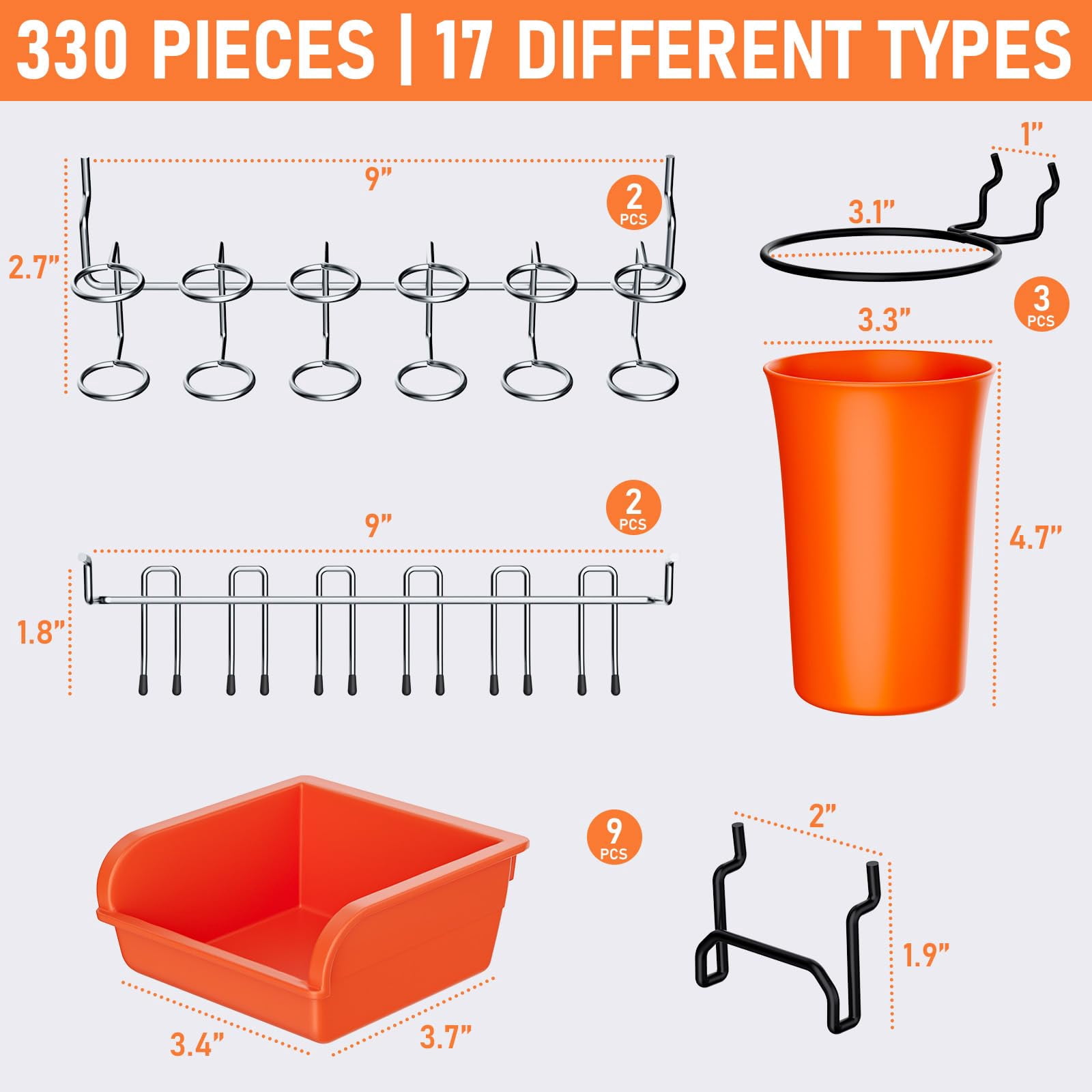 330pcs Upgraded Pegboard Accessories Organizer Kit  Peg Board Hooks Assortment With Bins & Cups For Organizing Tools Fit 1/8 Or 1/4 Inch Garage Workshop Wall Hanging