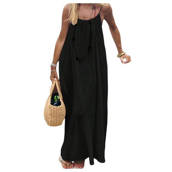 New Women's Open Back Spaghetti Strap Beach Maxi Dress Loose Flowy Vacation Sundress Black Large