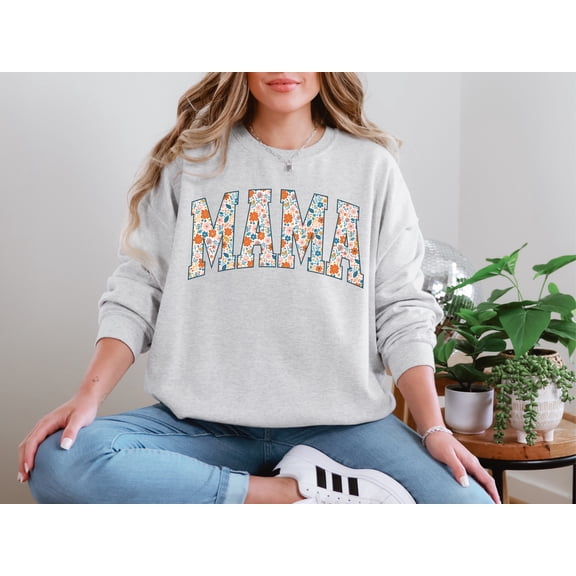 Wildflower Varsity Mama Sweatshirt - Aesthetic Floral Mom Sweater - New Mom Gift Crewneck - Boho Mother’s Day Apparel - Cozy Mama Flower Pullover