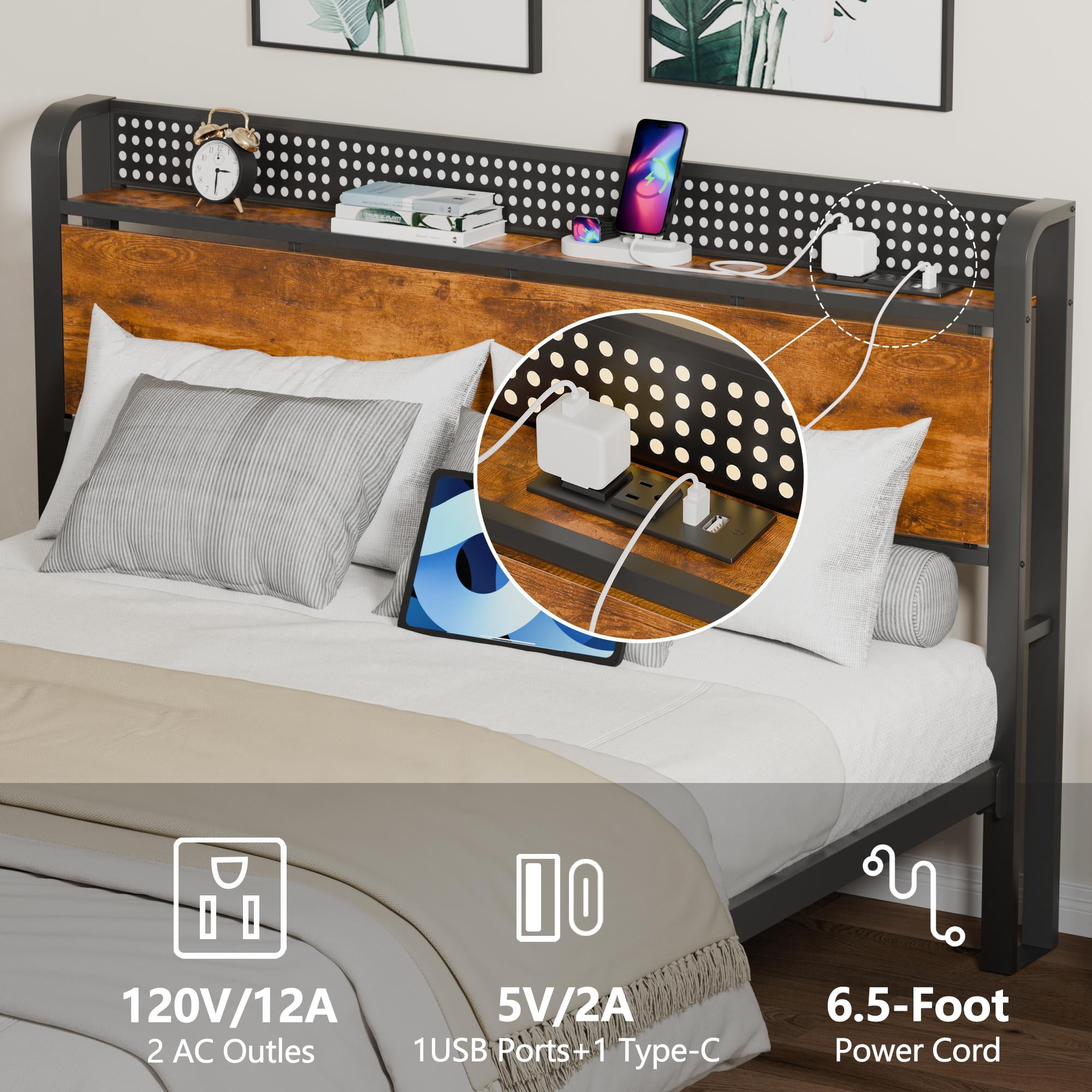 Satifur LED Bed Frame Queen Size with Charging Station, Platform Metal Bed Frame with Storage Headboard, No Box Spring Needed, Noise-Free