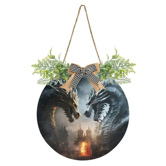 Dragons Vs Front Door Porch Decoration Hanging Sign with Artificial Green Plants and Bow for Home Outdoor Indoor
