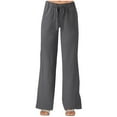 thumbnail image 2 of Summer Pants for Women Solid Color Strapped Pockets Loose Straight Linen Trouser Grey Casual Lounge Pant M, 2 of 5