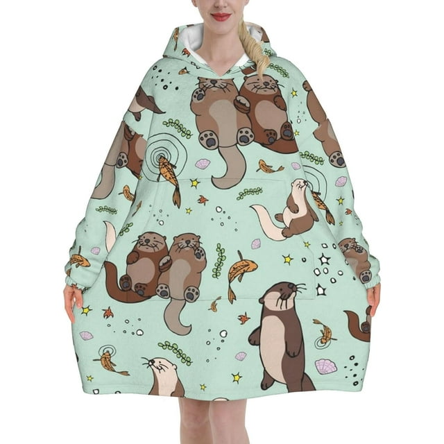 Cartoon Cute Otter Blanket Hoodie Oversized Wearable Hooded Blanket Warm Throw Blanket Sweatshirt For Women Men Teens 320g Flannel