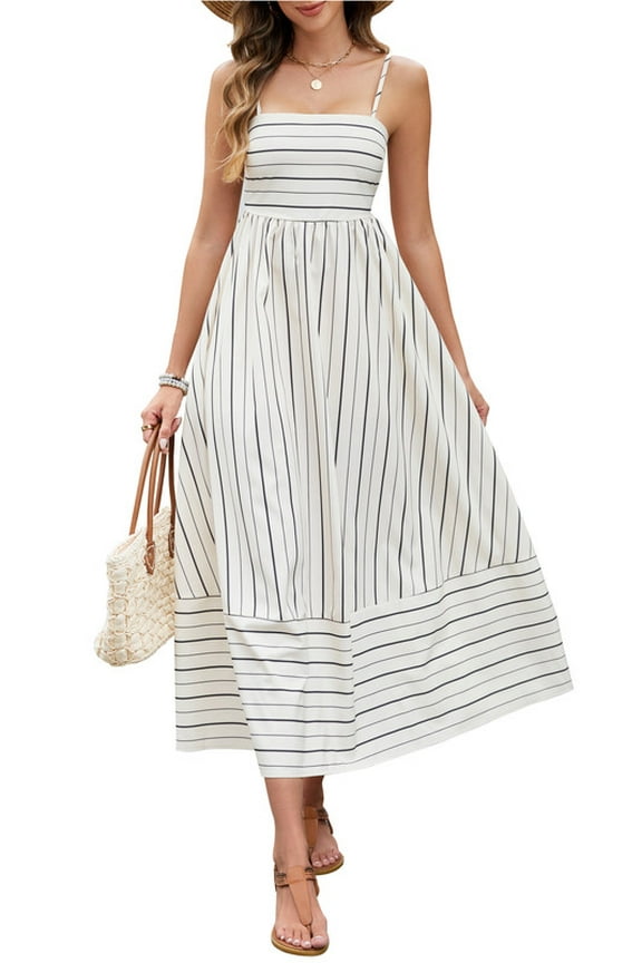 Women's Summer Striped Spaghetti Strap Maxi Dress Boho Smocked Beach Sundress, Apricot