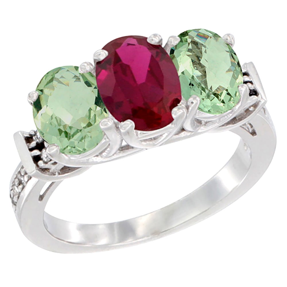 10K White Gold Enhanced Ruby & Green Amethyst Sides Ring 3-Stone Oval Diamond Accent, sizes 5 10 by WorldJewels