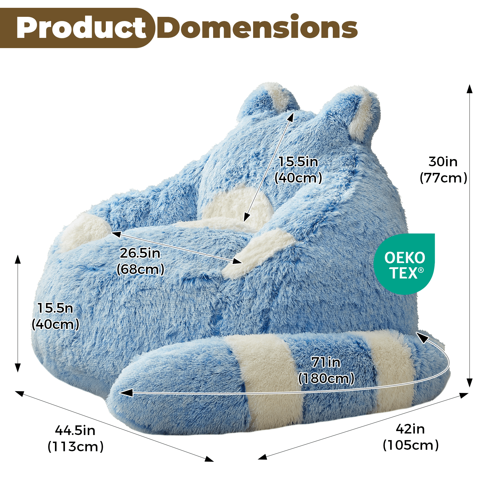 Ebenchico 3.7ft Raccoon Shaped Bean Bag Chair for Adults Teens Kids, Large Beanbag Chairs for Reading Gaming Relaxing, Blue