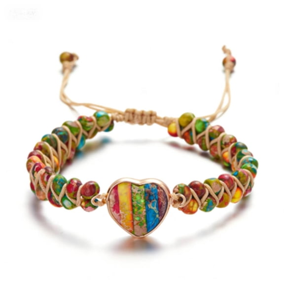 Chakra Heart Stone Beaded Bracelet, Colorful Natural Stone Adjustable Bracelet