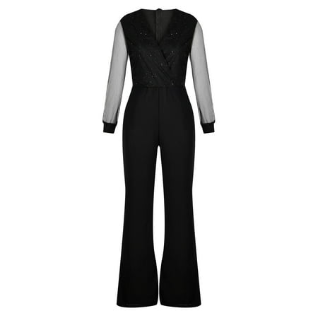 

Pntutb Clearance Womens Solid V-Neck Mesh Sequins Gold Powder Long Sleeve Jumpsuits Rompers