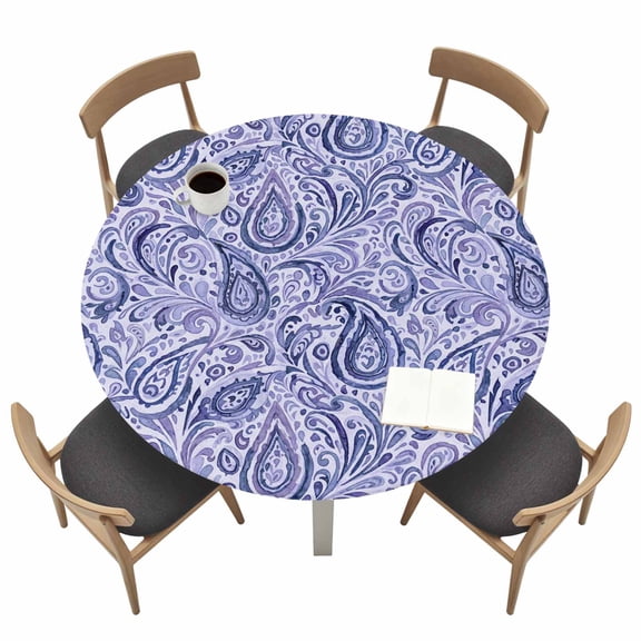 Purple Navy Blue Fitted Tablecloth with Elastic Edged, Round Table Cloth for Dining Table, Retro Botanical Abstract Art Waterproof Oil Proof Table Cover for Indoor Outdoor 55"-60"