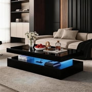 BaPiPro LED Coffee Table with 2 Storage Drawers, Modern Center Table with USB Charging & Smart Control for Living Room, 39 Black