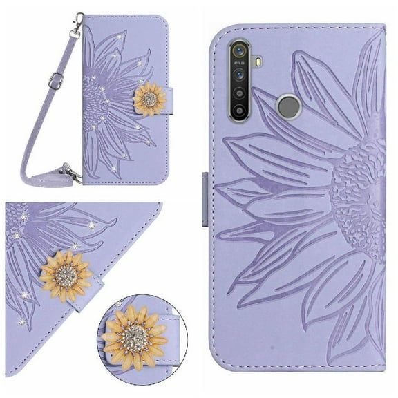 Case for Realme 5 Pro Phone Case Kickstand Protective Leather Wallet With Card Slot Stand With A Long Lanyard Sunflower