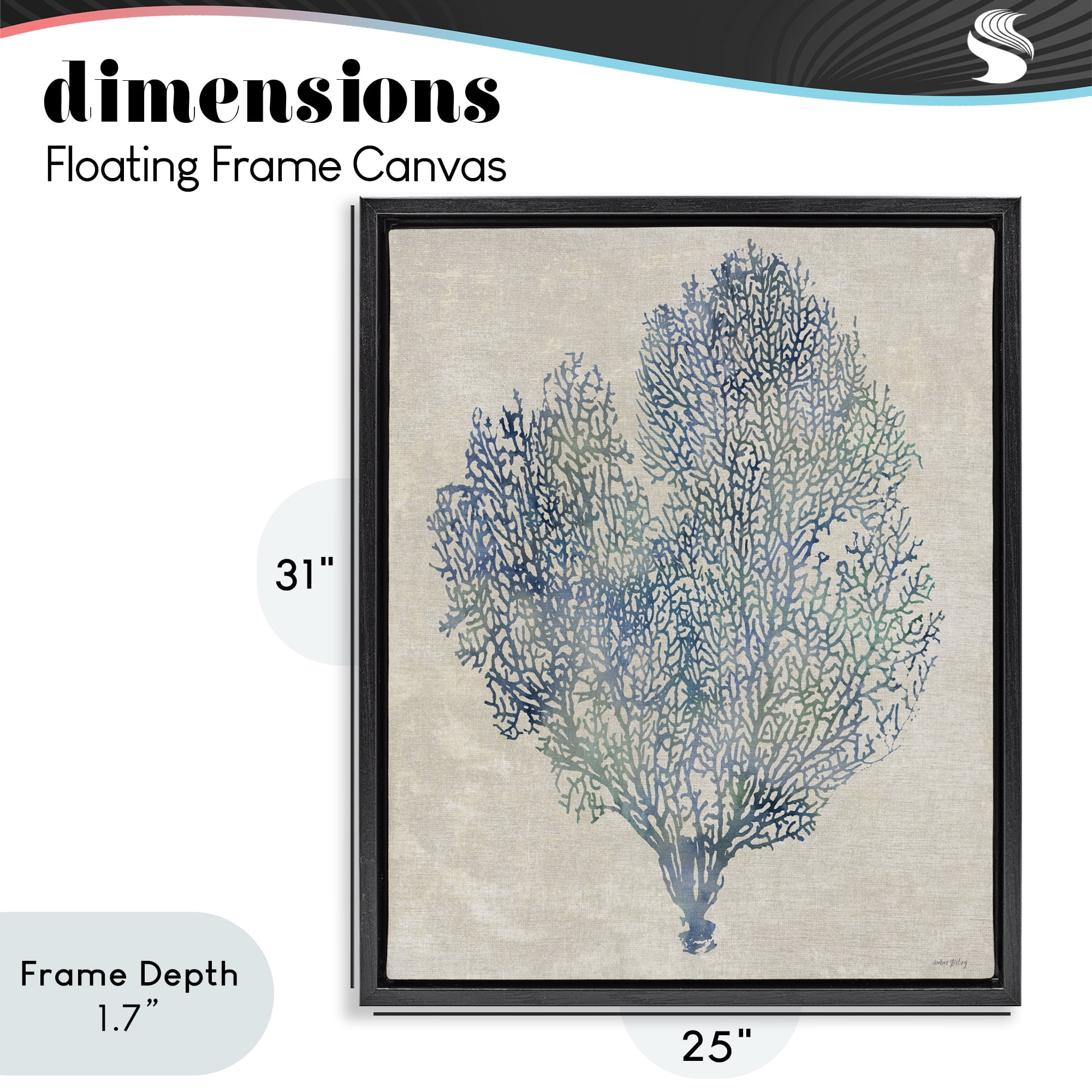 Stupell Industries Fan Coral in Blue & Green Black Framed Floater Canvas Wall Art, design by Amber Sterling