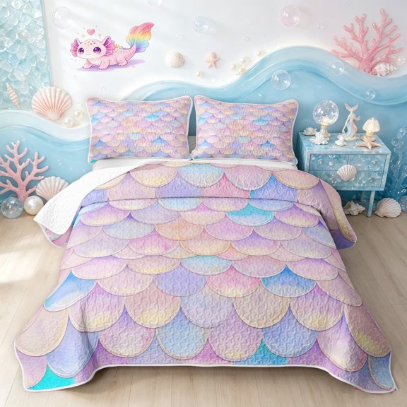 Manfei Cute Mermaid Tail Twin Quilt Set, Dreamy Fish Scale Twin Coverlet Set, Pink Blue, 2 Pieces, 1 Bedspread and 1 Pillowcase