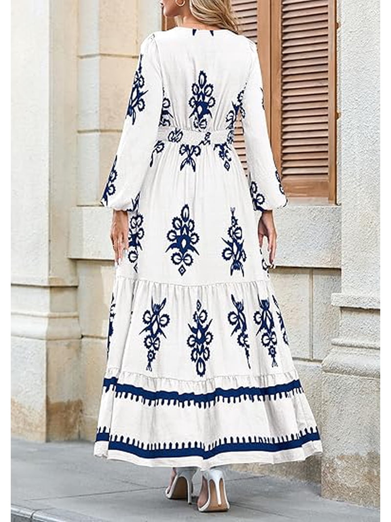 Prettygarden Women's Fall Wedding Guest Dresses Boho Floral Long Sleeve V Neck Flowy Elegant Maxi Dress Beach Clothes, Size: Small, White