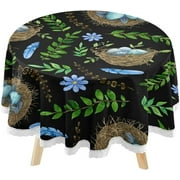 SKYSONIC Watercolor Nest Round Tablecloth 60inch Indoor Wrinkle Free, Blue Easter Eggs Circular Lace Table Cover Washable for Kitchen Party BBQ Dining Decor