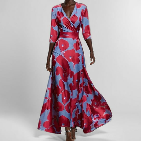 Zorckvet Womens Maxi Dresses Floral Print Summer A Line Evening V Neck Lace Up Dress for Women Fashion