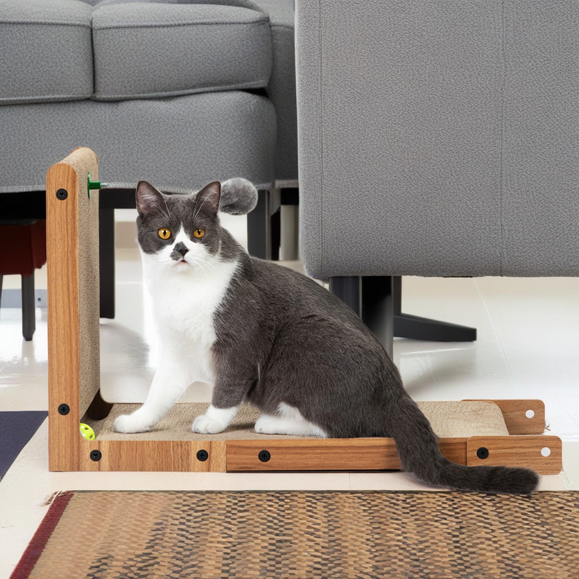 Pefilos 23" Indoor Cat Scratching Board, Interactive Scratch Pad with a Toy Ball, Reversible Cat Scratcher for Grinding Claw, Brown
