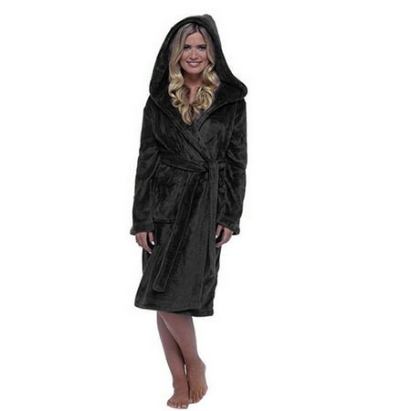 IDALL Robes for Women Nightgowns for Women Robe Coat Jacket Plush Lengthened Shawl Bathrobe Long Sleeved Robe Hooded Coat Pajamas Women s Lingerie  Sleep & Lounge Black S