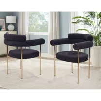 Boucle Upholstered Dining Chair Set of 2, Dining Room Furniture Armchair with Brushed Gold Trim, Black