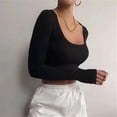 thumbnail image 2 of HSHDLDF Women's Square Neck Long Sleeve Ribbed Slim Fitted Casual Basic Crop Top, 2 of 6