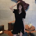 thumbnail image 4 of Femmes Slim Robe V-Cou Manches Courtes Solide Casual Taille Haute Volants Asymétrique Robe, 4 of 9