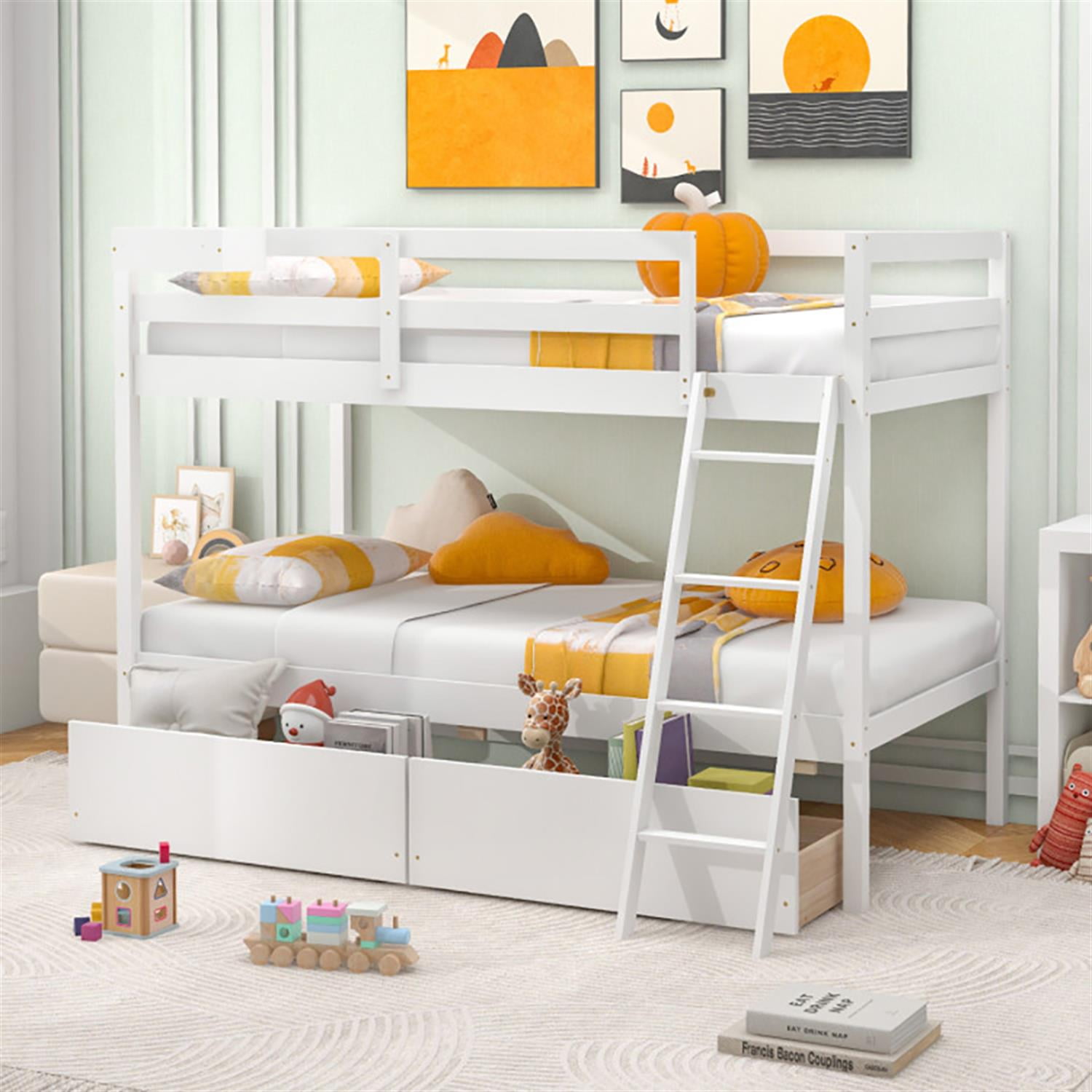 Demi Bonn Twin Over Twin Bunk Bed with 2 Storage Drawers and Ladder, Twin Bunk Beds, Wood Bed Frame No Box Spring Needed, White