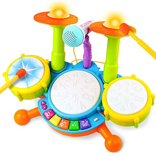 Fajiabao Drum Set For Kids Electric Musical Instruments Toys With 2 Drum Sticks Adjustable Microphone And Music Lights Indoor Family Games Early Learning Birthday Gift For Boys Girls Children Walmart Com