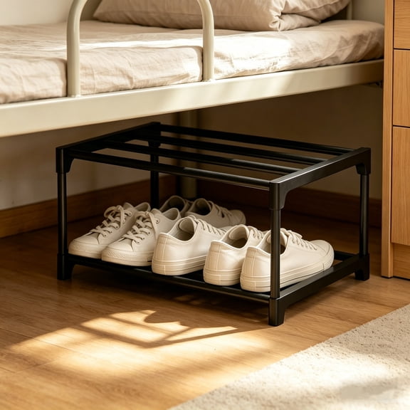 2-Tier Shoe Rack for Closet,18.1x11x8.3 Inch Compact Metal Shoe Organizer Shelf for Entryway,Bedroom,Small Spaces,Wide Stackable,Under The Bed Shoe Storage Shelf Organizer for Closet, Entryway
