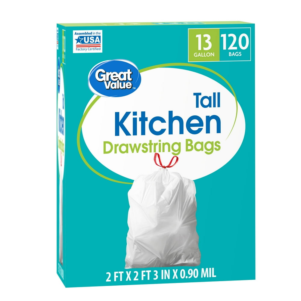 Great Value Tall Kitchen Trash Bags 13 Gallon, 120 Bags, Drawstring