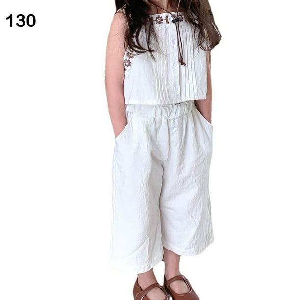 pitrice Girls Clothes Sleeveless Suit Summer Two Pieces Embroidery Linen  Clothing Vest Pants Outfits for Travel Vacation 130 