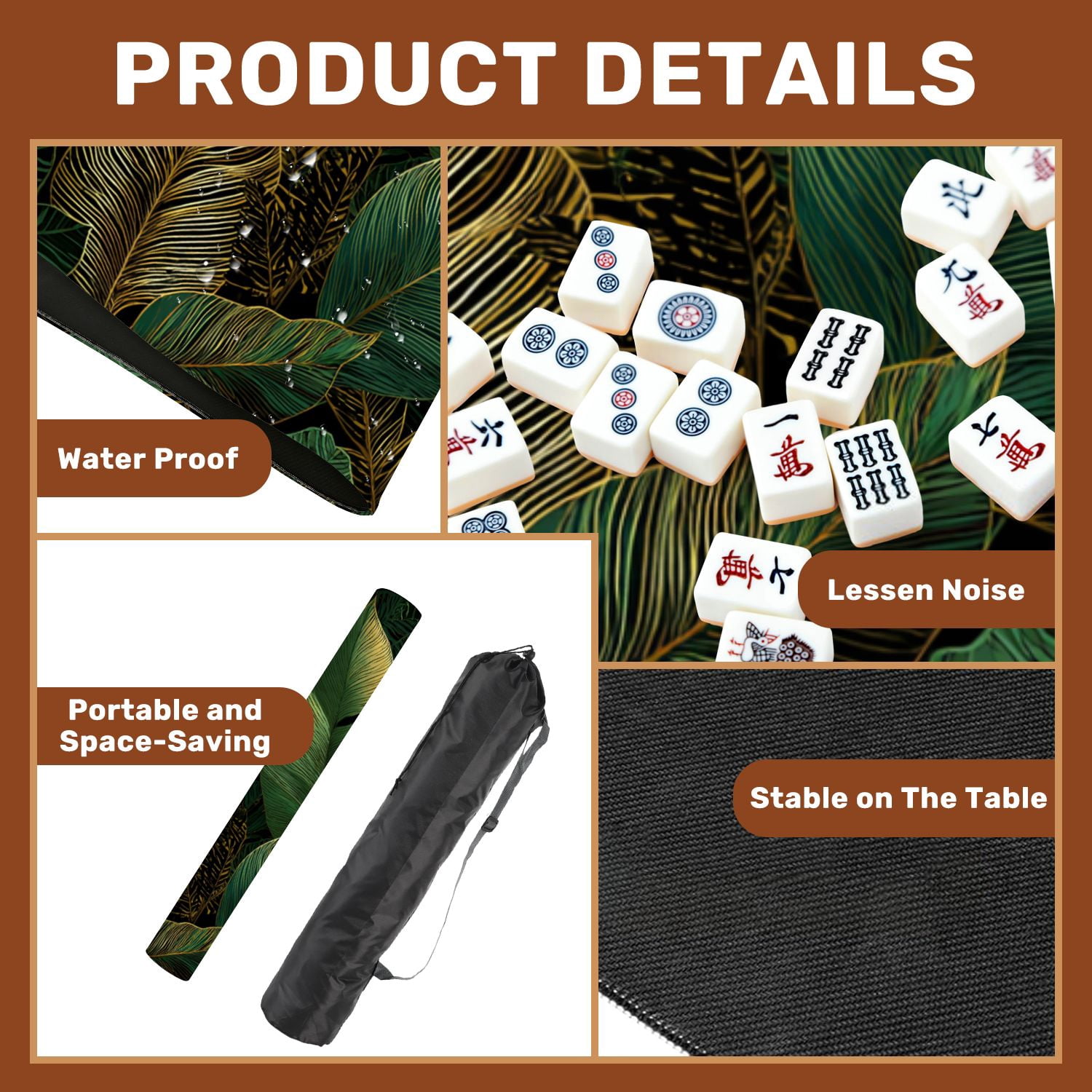 Mahjong Mat 31.5" x 31.5" golden green tropical leaves white Seamless Non-Slip Noise Reduction American Mahjong Tiles Table Cover for Dominoes Poker Card Board Games Gift