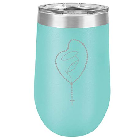 

16 oz Double Wall Vacuum Insulated Stainless Steel Stemless Wine Tumbler Glass Coffee Travel Mug With Lid Rosary Mary (Teal)
