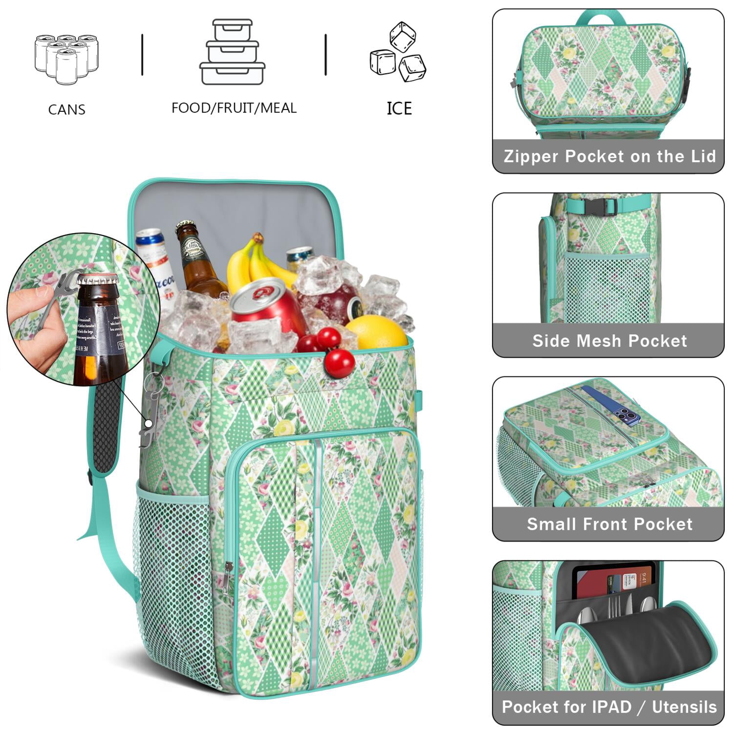 Travel Cooler Bag - Pioneer Flower Camping Beer Cooler Backpack with Bottle Opener- Waterproof Insulated Picnic Backpacks - Cooler Bag for Beach