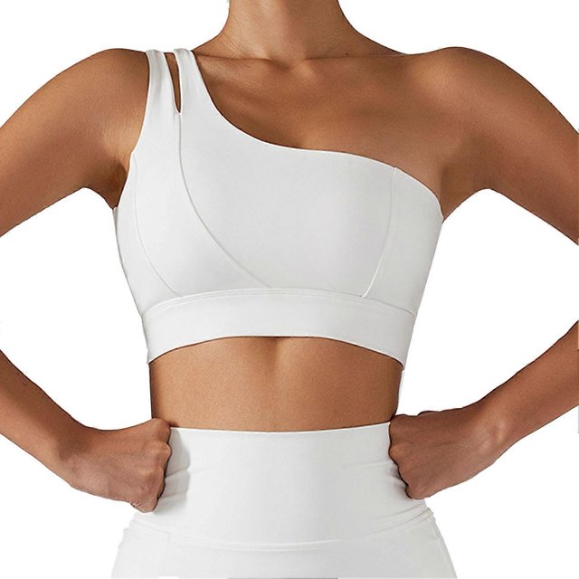 Ribbed Single Shoulder Yoga Beautiful Back Bra Stretch Shockproof Sports Bra Women Running Fitness Vest Swan White L