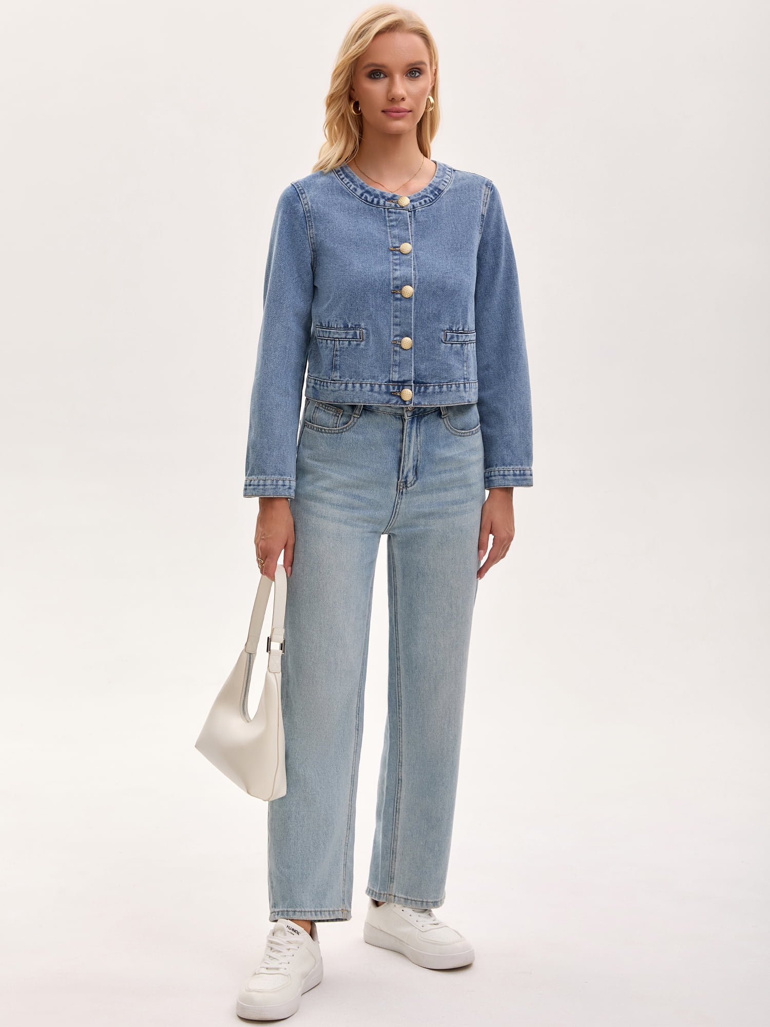 DARING DIVA Women's Collarless Long Sleeve Button Down Jean Jacket M Sky Blue