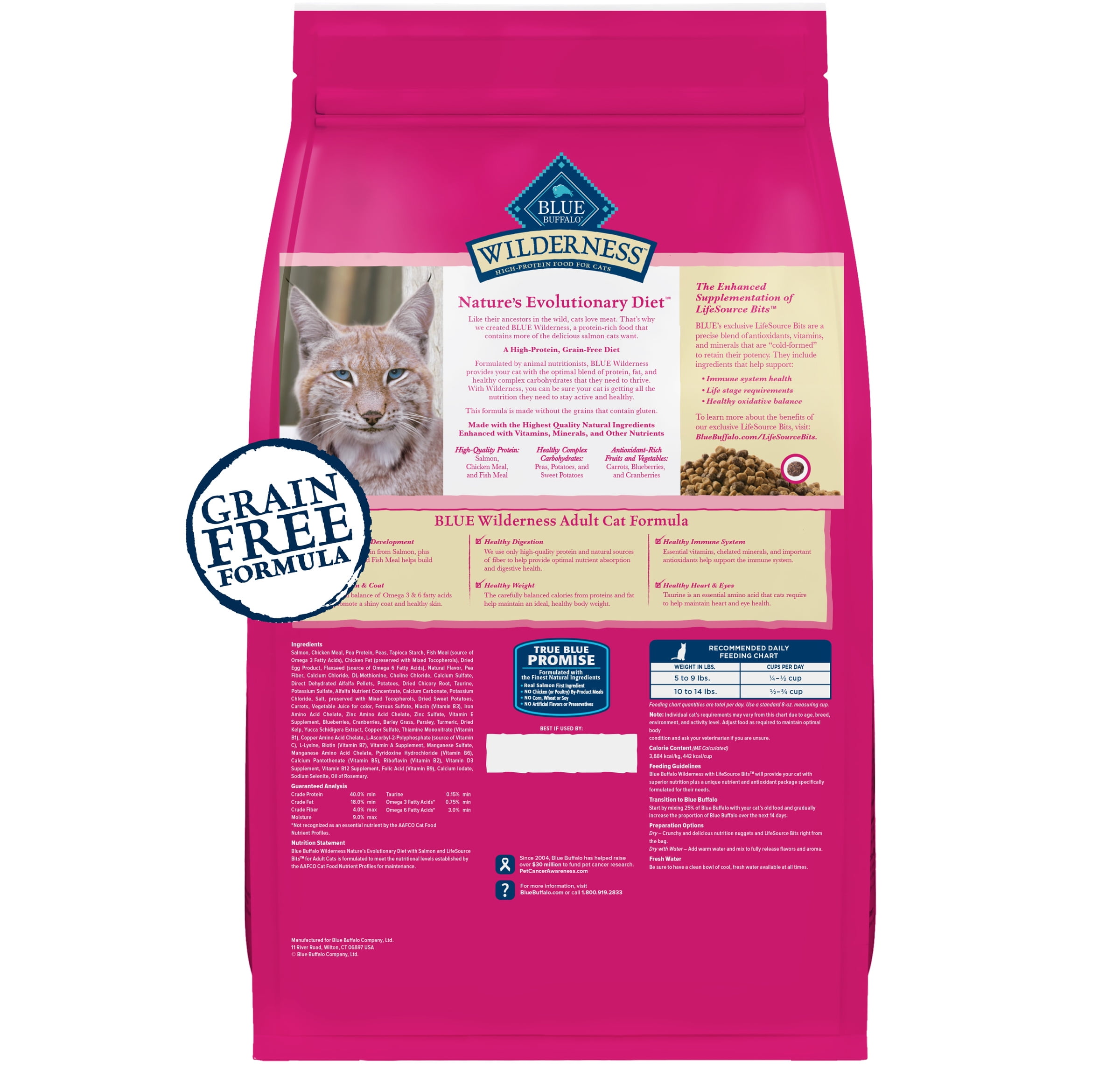 (4 pack) Blue Buffalo Wilderness Natural High Protein Dry Food for Adult Cats, Salmon, 9.5-lb Bag