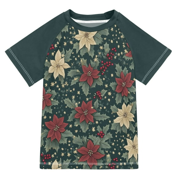 FORMRS Boys Rash Guard with Short Sleeves UPF 50 Swim Shirts Sizes 3-12T, Christmas Holly Leaves