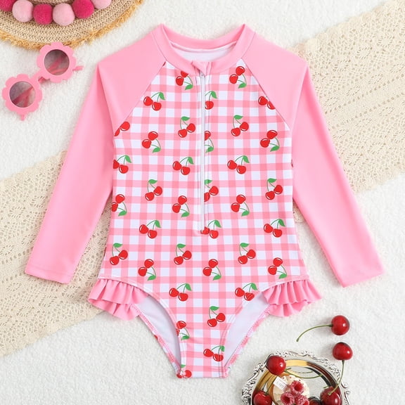 Little Girls Surfing Rash Guard One-piece Swimsuit Bathing Suit Graphic Long Sleeve Floral print Swimwear For Beach Pool Surfing,Light Pink,Age 5-6 Years